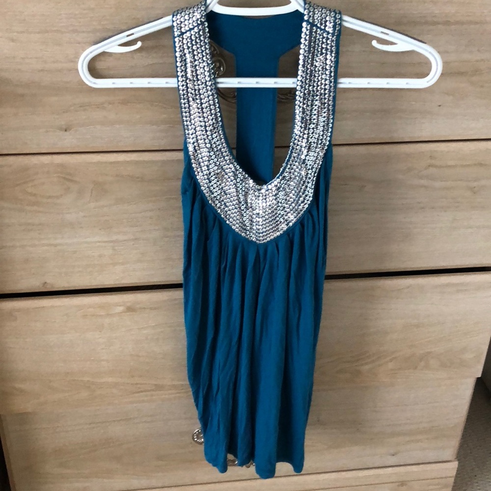 Sexy sequins trimmed teal tank